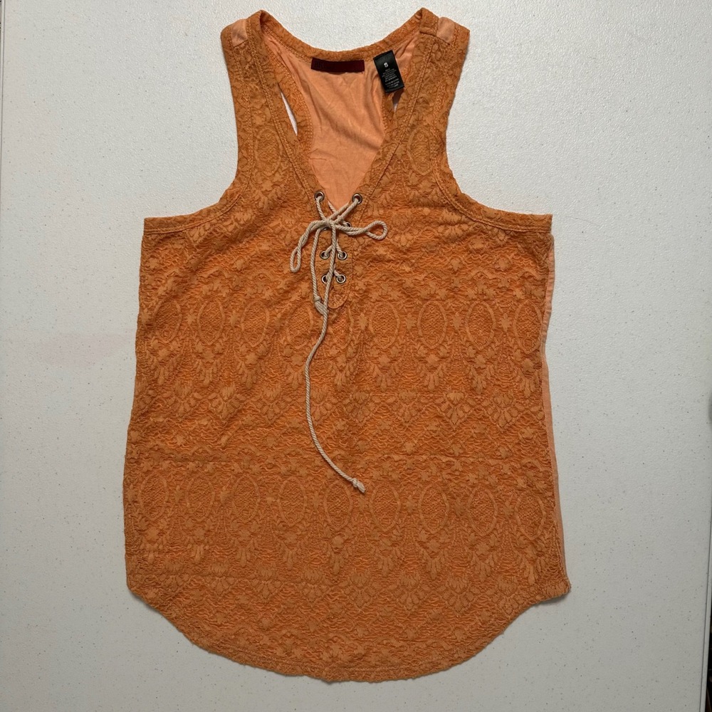 BKE Red Lace Up V-neck Racerback Tank Top Sleeveless Crochet‎ Knit Orange Size S